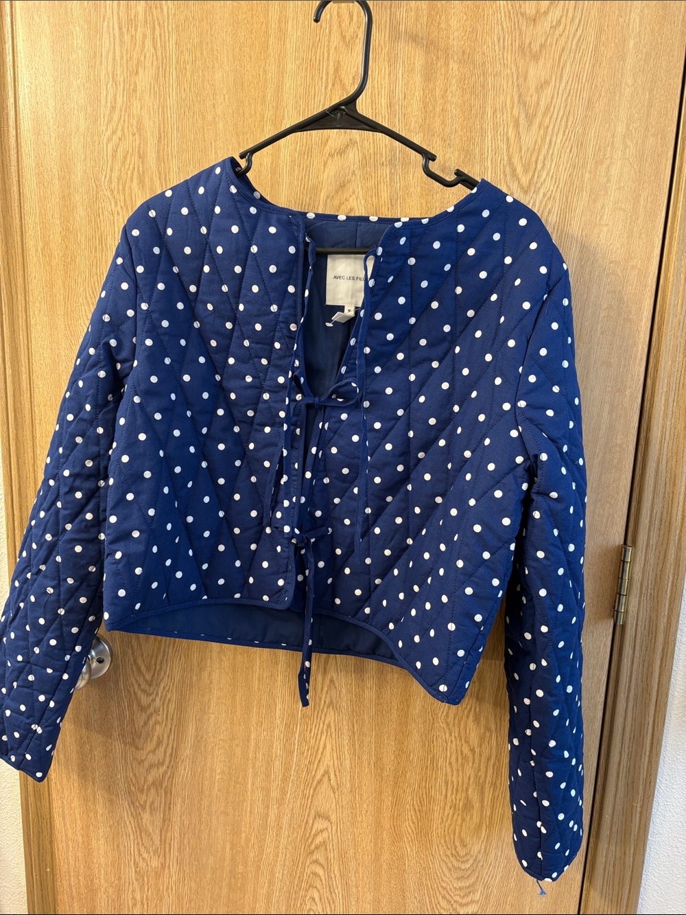 Avec Les Filles Navy Blue Polka Dot Quilted Tie-Front Jacket